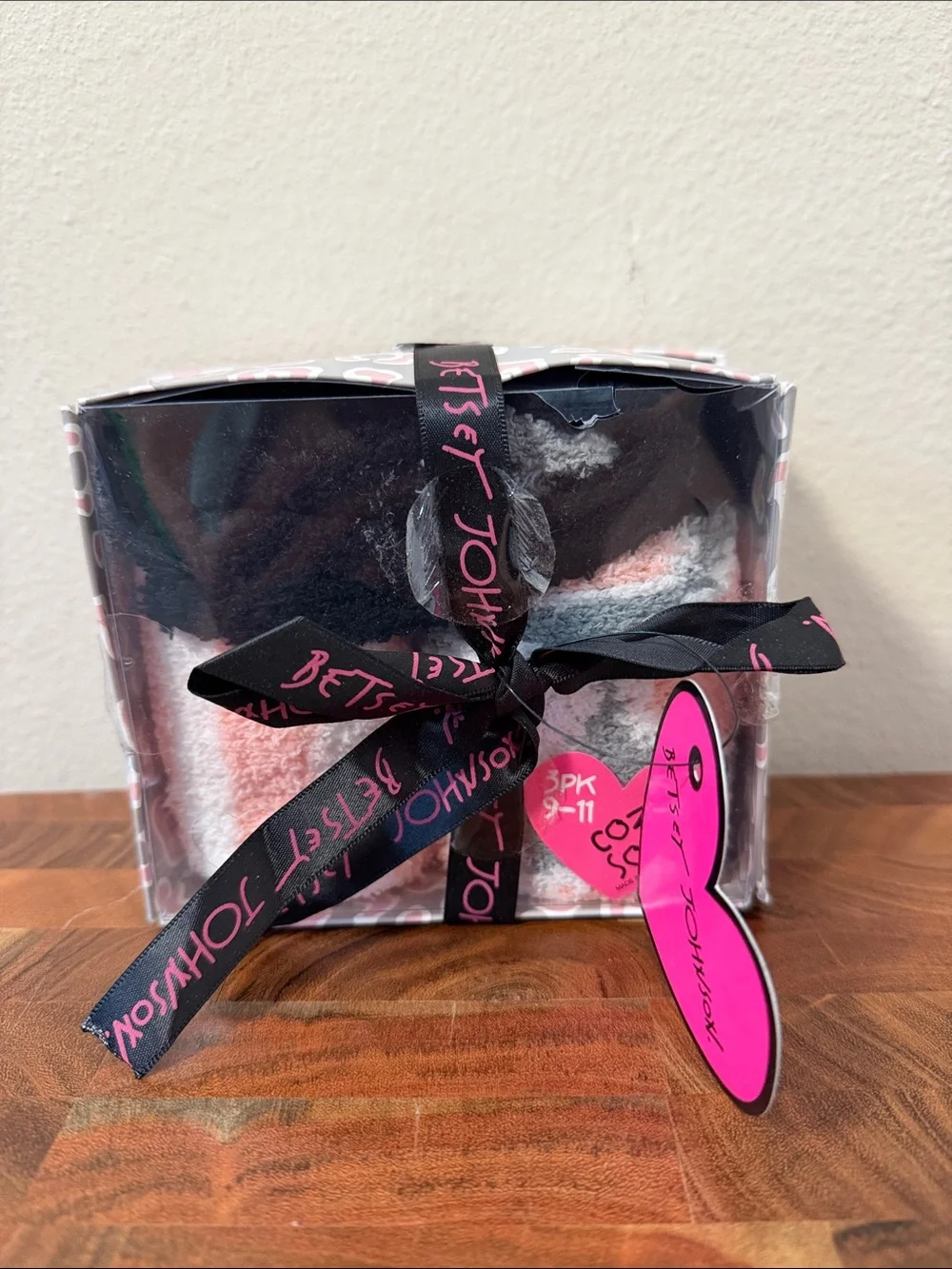 Betsey Johnson Black & Pink Plush Sock Set in Gift Box